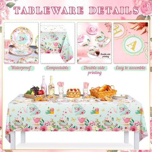 Havawish 140 Pcs Floral Tea Party Birthday Decorations Girls Floral Tea Party Paper Plates Napkins Tea Cups Tableware Set Tea Birthday Banner Tablecloths Hanging Swirls for Teapot Shower Supplies in Saudi Arabia