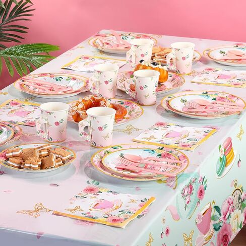 Havawish 140 Pcs Floral Tea Party Birthday Decorations Girls Floral Tea Party Paper Plates Napkins Tea Cups Tableware Set Tea Birthday Banner Tablecloths Hanging Swirls for Teapot Shower Supplies in Saudi Arabia