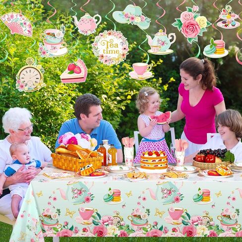 Havawish 140 Pcs Floral Tea Party Birthday Decorations Girls Floral Tea Party Paper Plates Napkins Tea Cups Tableware Set Tea Birthday Banner Tablecloths Hanging Swirls for Teapot Shower Supplies in Saudi Arabia