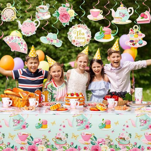 Havawish 140 Pcs Floral Tea Party Birthday Decorations Girls Floral Tea Party Paper Plates Napkins Tea Cups Tableware Set Tea Birthday Banner Tablecloths Hanging Swirls for Teapot Shower Supplies in Saudi Arabia