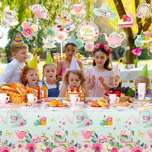 Havawish 140 Pcs Floral Tea Party Birthday Decorations Girls Floral Tea Party Paper Plates Napkins Tea Cups Tableware Set Tea Birthday Banner Tablecloths Hanging Swirls for Teapot Shower Supplies in Saudi Arabia