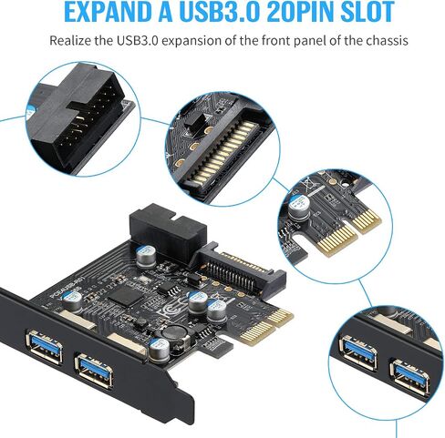 بطاقة YBBOTT PCIE USB 3.0، منافذ PCI Express 1X 2 مع موصل USB 3.0 داخلي 19 دبوس Superspeed 5 جيجابت في الثانية PCI-e USBIII محول وحدة تحكم بطاقة التوسعة يدعم Windows 10/8 / 7 / XP in Saudi Arabia