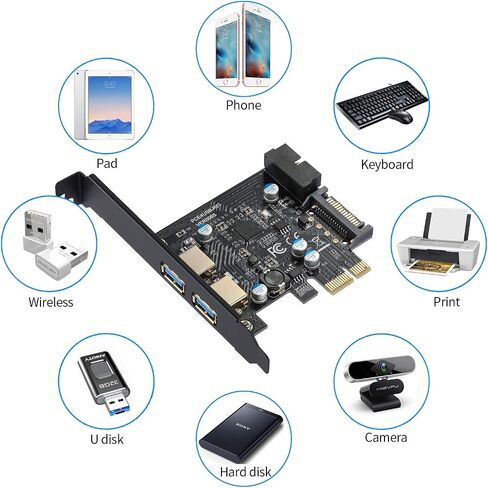 بطاقة YBBOTT PCIE USB 3.0، منافذ PCI Express 1X 2 مع موصل USB 3.0 داخلي 19 دبوس Superspeed 5 جيجابت في الثانية PCI-e USBIII محول وحدة تحكم بطاقة التوسعة يدعم Windows 10/8 / 7 / XP in Saudi Arabia