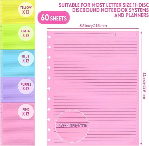 MotBach 60 Sheets Letter Size Discbound Lined Refill Paper, A4 Loose Leaf Paper 5 Colors 11-Disc Refillable Pre-punched College Ruled Notebooks Planner Inserts, 120gsm Thicken Paper, 8.5'' x 11'' in Saudi Arabia