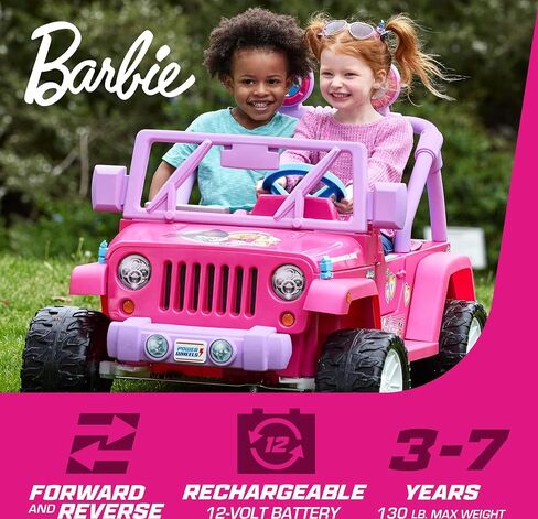 Power Wheels Barbie Jeep Wrangler Ride-On Toy with Music, Battery-Powered Preschool Toy, Multi-Terrain Traction, Seats 2, Ages 3+ Years in Saudi Arabia