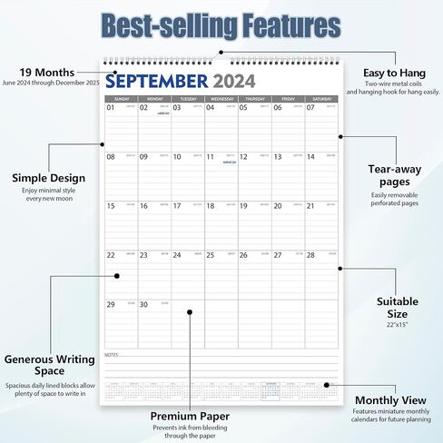 GuassLee Large Wall Calendar 2024-2025, 22"x15" Vertical Wall Calendar 2024, Jun. 2024 to Dec. 2025, 19-Month Paper Hanging Planner Wall with Julian Date for Office Home Planning & Organizing in Saudi Arabia