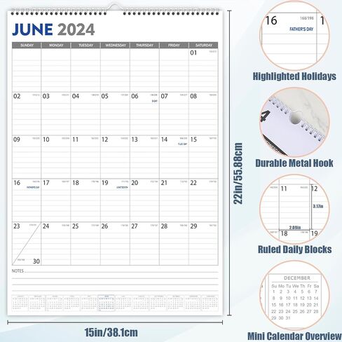 GuassLee Large Wall Calendar 2024-2025, 22"x15" Vertical Wall Calendar 2024, Jun. 2024 to Dec. 2025, 19-Month Paper Hanging Planner Wall with Julian Date for Office Home Planning & Organizing in Saudi Arabia