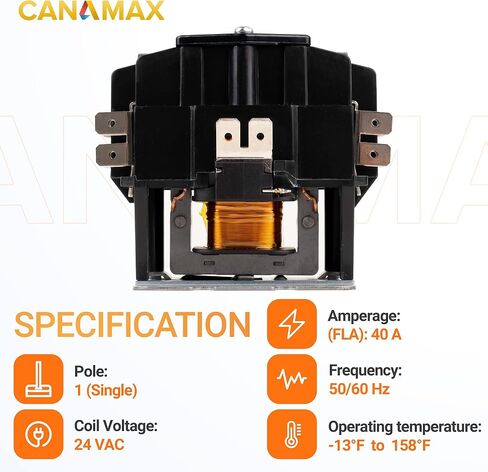 Canamax Premium 1 Pole Contactor 40 أمبير 24VAC ملف مناسب تمامًا مع المرحلات ومكيف الهواء والمضخة الحرارية وأنظمة التبريد in Kuwait