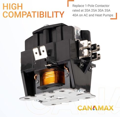 Canamax Premium 1 Pole Contactor 40 أمبير 24VAC ملف مناسب تمامًا مع المرحلات ومكيف الهواء والمضخة الحرارية وأنظمة التبريد in Kuwait