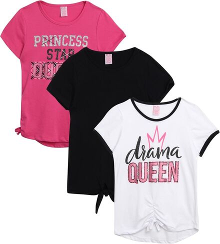 تي شيرت للفتيات من Real Love - عبوة من 3 قمصان أنيقة بأكمام قصيرة - تي شيرتات برسومات عصرية - مجموعة تي شيرت متعددة للفتيات (7-16) in Kuwait