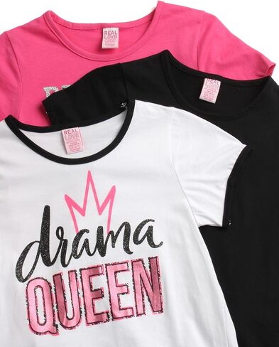 تي شيرت للفتيات من Real Love - عبوة من 3 قمصان أنيقة بأكمام قصيرة - تي شيرتات برسومات عصرية - مجموعة تي شيرت متعددة للفتيات (7-16) in Kuwait