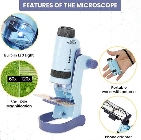 IQCREW من AmScope - مجموعة أنشطة المجهر الأحفوري، مجهر LED محمول 60X-120X، مجموعة عينات أحفورية فاخرة مكونة من 18 قطعة، كتاب أحفوري وحقيبة مجهر محمولة -HH612-FSL in Saudi Arabia