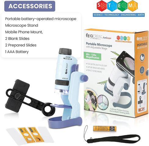 IQCREW من AmScope - مجموعة أنشطة المجهر الأحفوري، مجهر LED محمول 60X-120X، مجموعة عينات أحفورية فاخرة مكونة من 18 قطعة، كتاب أحفوري وحقيبة مجهر محمولة -HH612-FSL in Saudi Arabia