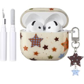 Compatible for AirPods 4 Case with Cleaner Kit, Cute Trendy Retro Star Pattern Case Keychain Soft TPU Shockproof Cover for Airpods 4th Generation - Beige in Saudi Arabia