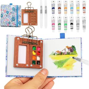 Travel Watercolor Set，Mini Paint Palette Travel kit，Mini Water Color Paint Set，Wooden 8 Grid Paint Box,12 Colors Small Watercolor Sketchbook for Artists Painters Students(Pink) in Saudi Arabia