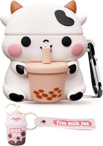 Cute Animal Case for AirPods Pro/Pro 2 Generation, 3D Kawaii Boba Cow Silicone Protective Cover with Free Keychain for Women, Girls, Kids, Teens（Cow, AirPods Pro/Pro 2） in Saudi Arabia