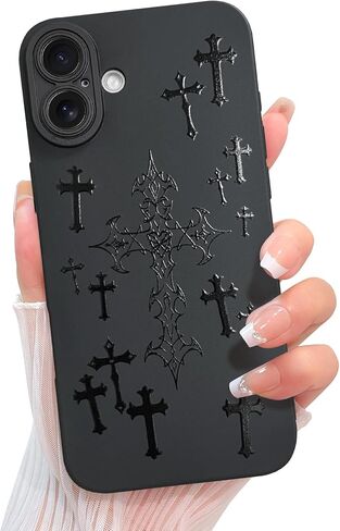 KANGHAR Compatible with iPhone 16 Case Aesthetic Bless Cross Designed for Women Girls Men, Slim Fit Soft TPU Shockproof Protective Cover - Black in Kuwait