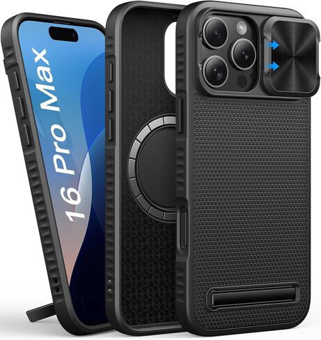 حافظة لهاتف iPhone 16 Pro Max مع حامل، متوافقة مع MagSafe، غطاء كاميرا منزلق، مقاس نحيف، حماية من الدرجة العسكرية، حافظة هاتف مغناطيسية صلبة للرجال لهاتف iPhone 16 Pro Max 2024، أسود in Kuwait