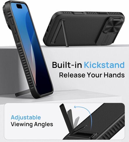 حافظة لهاتف iPhone 16 Pro Max مع حامل، متوافقة مع MagSafe، غطاء كاميرا منزلق، مقاس نحيف، حماية من الدرجة العسكرية، حافظة هاتف مغناطيسية صلبة للرجال لهاتف iPhone 16 Pro Max 2024، أسود in Kuwait