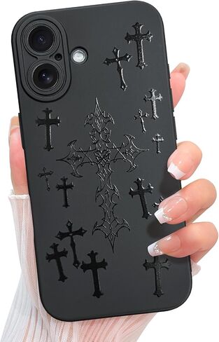 KANGHAR Compatible with iPhone 16 Case Aesthetic Bless Cross Designed for Women Girls Men, Slim Fit Soft TPU Shockproof Protective Cover - Black in Kuwait