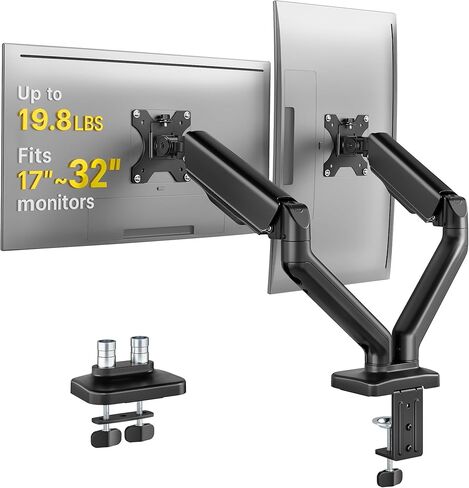 monTEK Dual Monitor Mount Fits 17-32 Inch Screens Holds 19.8lbs, Fully Adjustable Dual Monitor Stand, with Clamp/Grommet, Cable Management, Quick Release Plate, VESA 75/100mm, MA1013BK-D in Kuwait
