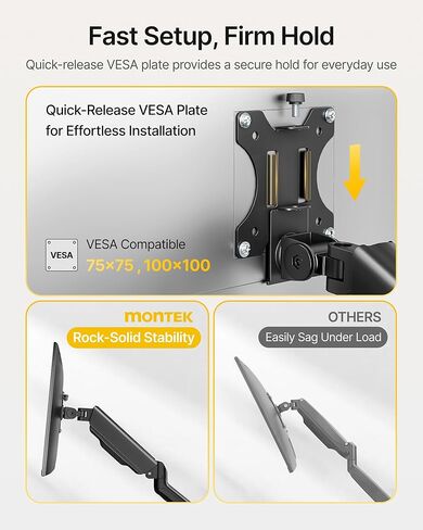 monTEK Dual Monitor Mount Fits 17-32 Inch Screens Holds 19.8lbs, Fully Adjustable Dual Monitor Stand, with Clamp/Grommet, Cable Management, Quick Release Plate, VESA 75/100mm, MA1013BK-D in Saudi Arabia