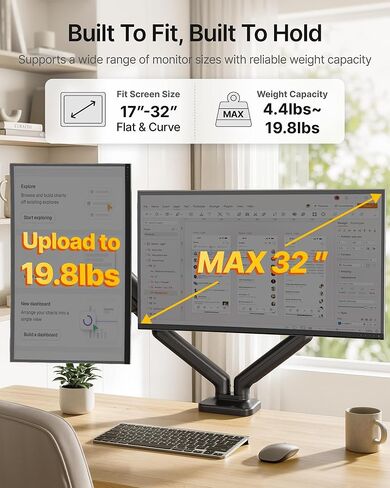 monTEK Dual Monitor Mount Fits 17-32 Inch Screens Holds 19.8lbs, Fully Adjustable Dual Monitor Stand, with Clamp/Grommet, Cable Management, Quick Release Plate, VESA 75/100mm, MA1013BK-D in Saudi Arabia