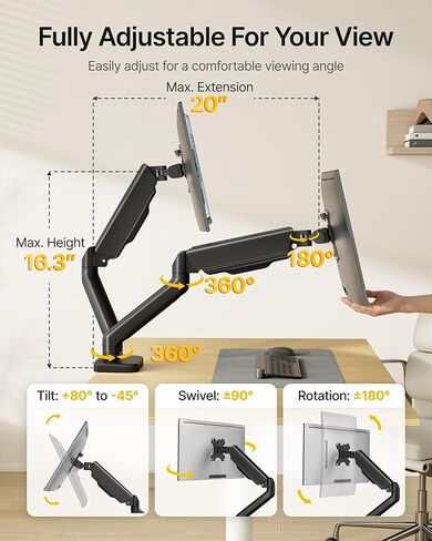monTEK Dual Monitor Mount Fits 17-32 Inch Screens Holds 19.8lbs, Fully Adjustable Dual Monitor Stand, with Clamp/Grommet, Cable Management, Quick Release Plate, VESA 75/100mm, MA1013BK-D in Saudi Arabia
