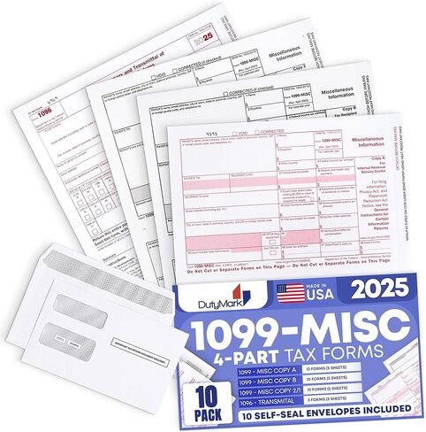 Dutymark 1099 Misc Forms 2024, 4 Part Laser Tax Forms Kit for 25 Vendor with 25 Self-Seal Envelopes, Designed for QuickBooks and Accounting Software in Kuwait