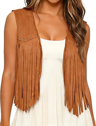 WERFORU Fringe Vest Women Faux Suede Open-Front Vintage Tassel Vest Coat Sleeveless 70s Hippie Boho Western Jacket in Saudi Arabia