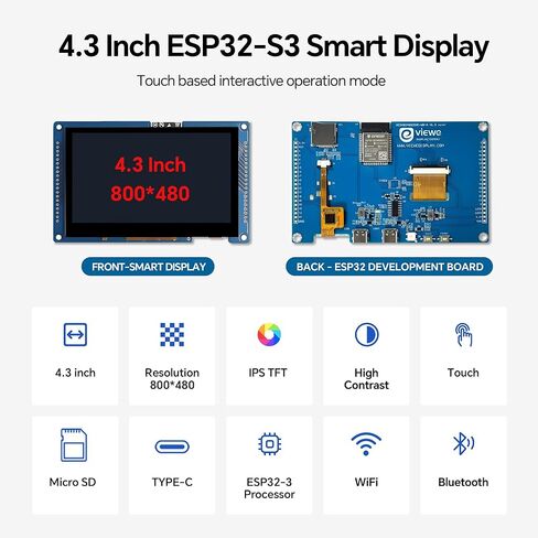 ESP32-S3 Display 4.3inch IPS 800 * 480 ESP32 Capacitive Touch Screen, Compatible with WiFi Arduino,LVGL,32-bitLX7 Dual-Core Processor, Up to 240MHz,Supports W-i-F-i&Blue-Too-th in Saudi Arabia