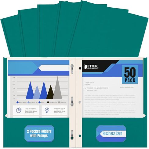 Blue Paper 2 Pocket Folders with Prongs, 50 Pack, by Better Office Products, Matte Texture, Letter Size Paper Folders, 50 Pack, with 3 Metal Prong Fastener Clips, Blue in Saudi Arabia