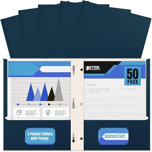 Blue Paper 2 Pocket Folders with Prongs, 50 Pack, by Better Office Products, Matte Texture, Letter Size Paper Folders, 50 Pack, with 3 Metal Prong Fastener Clips, Blue in Saudi Arabia