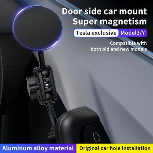 Magnetic Door-Mount Phone Holder for Tesla Model Y/3, Aluminum Alloy Construction, 4D Adjustable Car Mount with Super Magnetism, Original Hole Installation Compatible in Saudi Arabia
