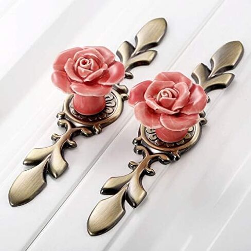 Cabinet Drawer Handle 1Pc Door Handle Pink/White Rose Vintage Ceramic Alloy Base Cabinet Knobs Cupboard Dresser Kitchen Furniture Door Pull Knob(A 119mm) in Saudi Arabia