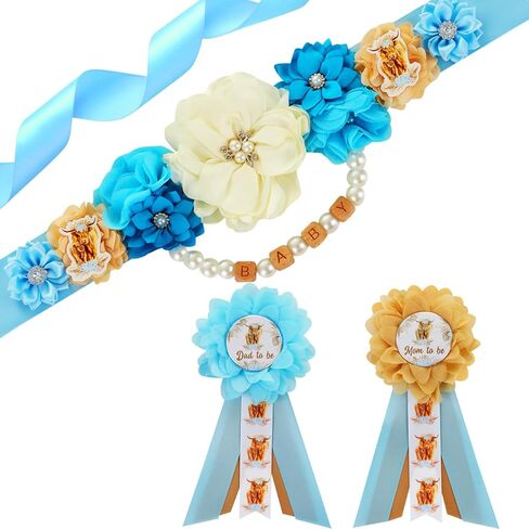 JOYMEMO Blue Highland Cow Baby Shower Maternity Sash Kit - Boho Floral Highland Cattle Baby Shower Belly Belt and Mom to Be & Dad to Be Corsage Pins, Pregnancy New Parents Photo Props Party Supplies in Saudi Arabia