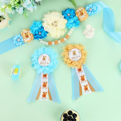 JOYMEMO Blue Highland Cow Baby Shower Maternity Sash Kit - Boho Floral Highland Cattle Baby Shower Belly Belt and Mom to Be & Dad to Be Corsage Pins, Pregnancy New Parents Photo Props Party Supplies in Saudi Arabia