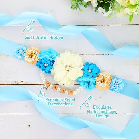 JOYMEMO Blue Highland Cow Baby Shower Maternity Sash Kit - Boho Floral Highland Cattle Baby Shower Belly Belt and Mom to Be & Dad to Be Corsage Pins, Pregnancy New Parents Photo Props Party Supplies in Saudi Arabia