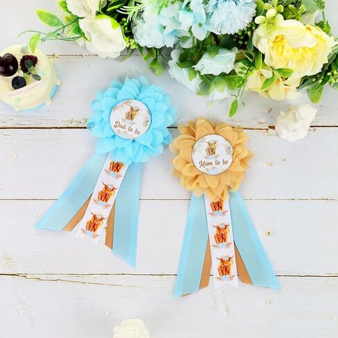 JOYMEMO Blue Highland Cow Baby Shower Maternity Sash Kit - Boho Floral Highland Cattle Baby Shower Belly Belt and Mom to Be & Dad to Be Corsage Pins, Pregnancy New Parents Photo Props Party Supplies in Saudi Arabia