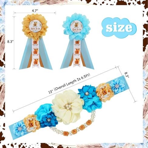 JOYMEMO Blue Highland Cow Baby Shower Maternity Sash Kit - Boho Floral Highland Cattle Baby Shower Belly Belt and Mom to Be & Dad to Be Corsage Pins, Pregnancy New Parents Photo Props Party Supplies in Saudi Arabia