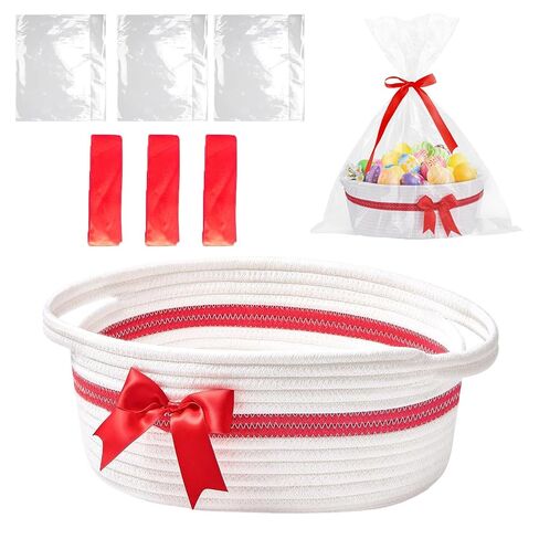 سلة منسوجة مع فيونكة، 3 أكياس هدايا و3 أشرطة، سلة هدايا منسوجة من الحبال فارغة بمقابض، سلال هدايا للنساء والرجال لتخزين الأطفال وديكور التخرج in Kuwait