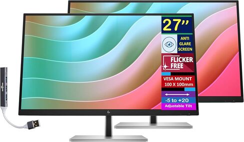 HP 27" 4K UHD IPS USB-C Monitor with 5ms Response Time, Anti Glare, 350 nits Brightness, Flicker Free, VESA Mount (100mm), Displayport, HDMI & Dockztorm USB Port Expander, Black/Silver Color in Saudi Arabia