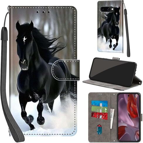 Case Wallet for Google Pixel 9a, with [3 Card Slots], Kickstand Magnetic Closure PU Leather Shockproof Protective Flip Cover 2025, Snow and Horses in Saudi Arabia