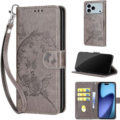 Designed for iPhone 17 Pro Max Case Wallet,Women Flip Folio Cover with Embossed PU Leather Stand Credit Card Holders Slots Wrist Strap Phone Case for iPhone 17 Pro Max (Blue Butterfly) in Kuwait
