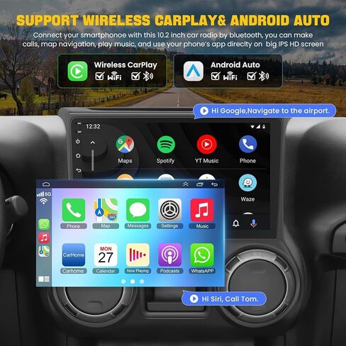 Android 13 Car Radio Stereo for Jeep Wrangler 2015-2017, Wireless Carplay&Android Auto Radio with 4G+64G Support Bluetooth/Voice Control/GPS/WiFi/Back-up Camera/SWC/FM, 10 Inch QLED Touch Screen in Saudi Arabia