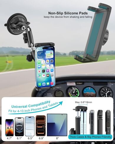 حامل هاتف طيار، [كوب شفط فائق] حامل للهاتف الخلوي على الزجاج الأمامي للطائرات، حامل نافذة طائرة بذراع معدني 360 درجة لهاتف iPhone 17 16 15 14 Pro Max، Galaxy S A Z Fold، جهاز 4-13 بوصة in Kuwait