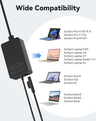 65W for Microsoft Laptop Charger for Microsoft Surface Pro 7,11,10,9,8,7+,6,5,4,3,X, for Windows Surface Laptop 7,6,5,4,3,2,1, Go Tablet 4,3,2,1,Book 3,2,1,Support 44W,36W in Saudi Arabia
