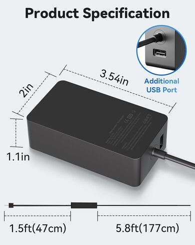 65W for Microsoft Laptop Charger for Microsoft Surface Pro 7,11,10,9,8,7+,6,5,4,3,X, for Windows Surface Laptop 7,6,5,4,3,2,1, Go Tablet 4,3,2,1,Book 3,2,1,Support 44W,36W in Saudi Arabia