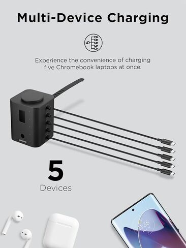 شاحن Lenovo الذكي، مصمم لأجهزة Chromebook، يشحن 5 أجهزة كمبيوتر محمولة في وقت واحد ويراقب مستويات البطارية، وكابلات USB-C مدمجة مقاس 30 سم in Kuwait