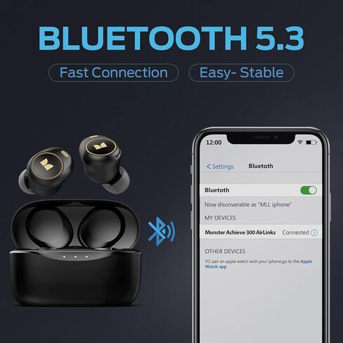 Monster Achieve 300 AirLinks Wireless Earbuds, Bluetooth 5.3 in-Ear Headphones with Charging Case, Stereo Headphones, 32H Playtime Touch Control, Built-in Mic, Clear Call, Black in Saudi Arabia